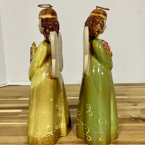 Angel Figurines Ceramic Pottery Christmas Gold Green Tones Poinsettias Candle - Picture 3 of 8